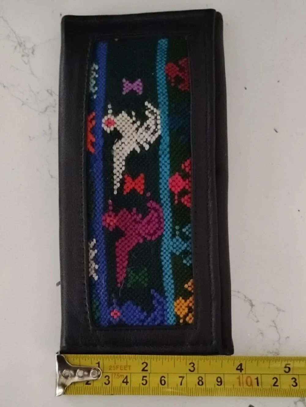 Black Leather Wallet with Colorful Cross-Stitch Panel